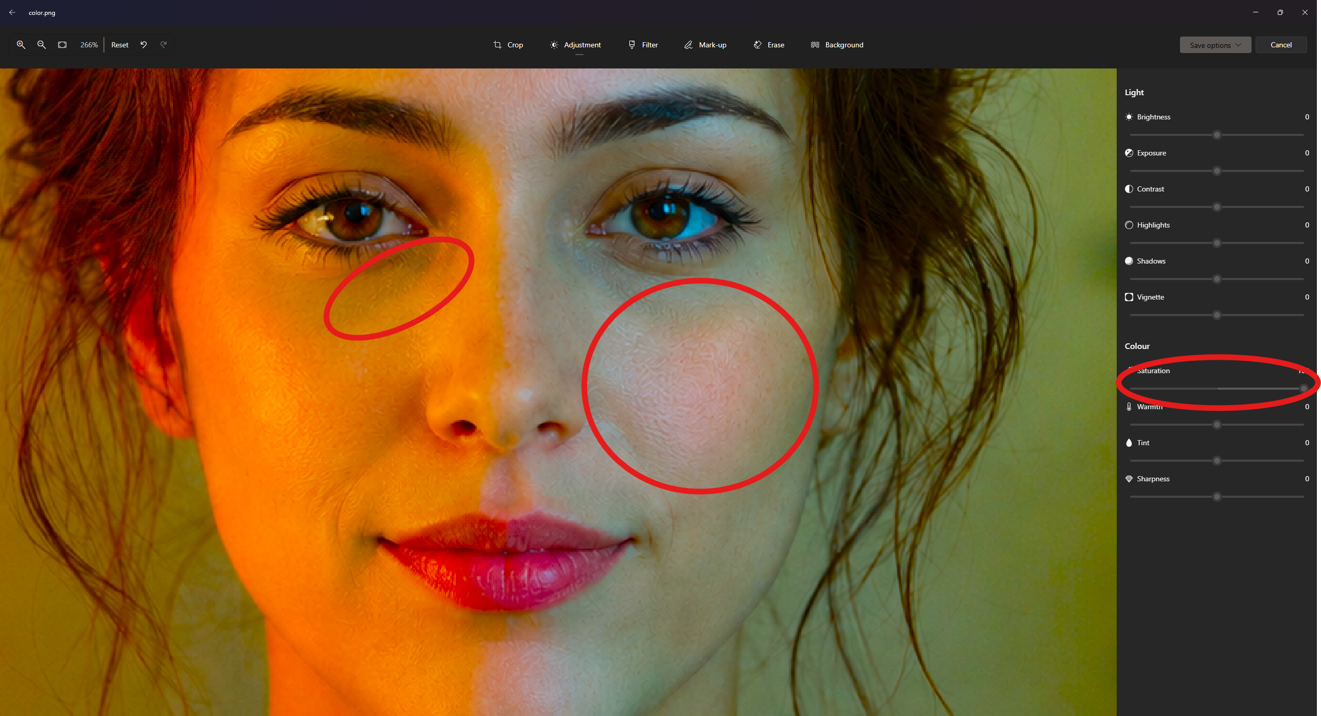 Sample showing noise artifacts after image adjustment